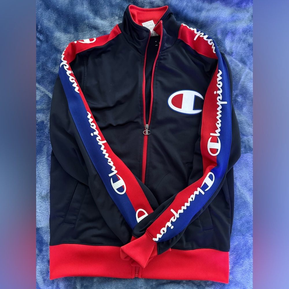 Champion Life Men's Tricot Track Jacket-Champion Taping, Navy/Scarlet